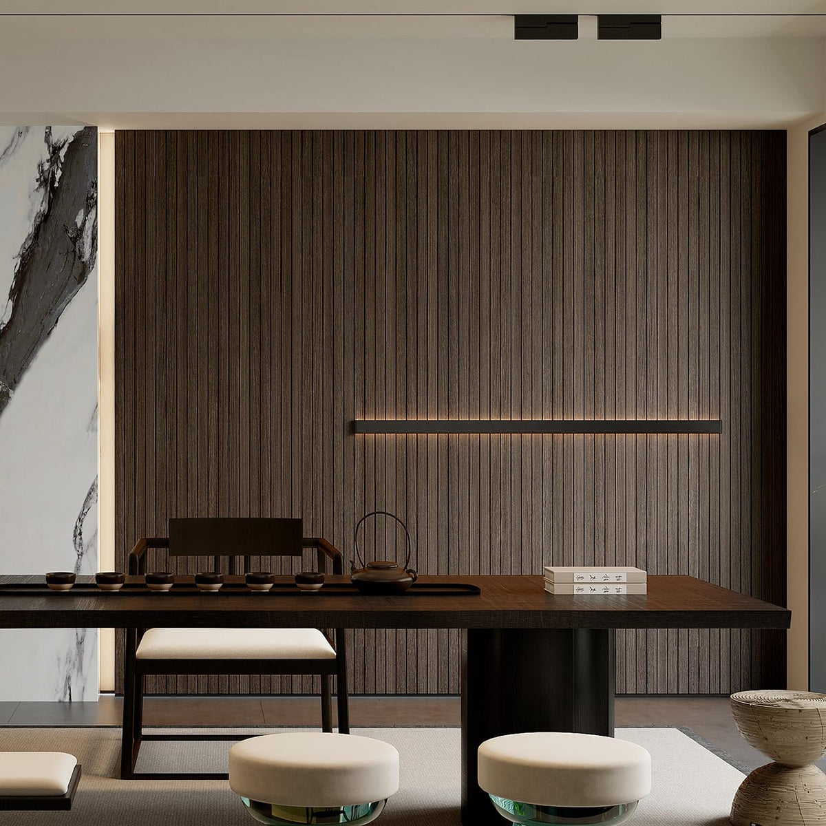 3D slat design adds depth and subtle acoustics in a modern room