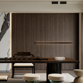 3D slat design adds depth and subtle acoustics in a modern room