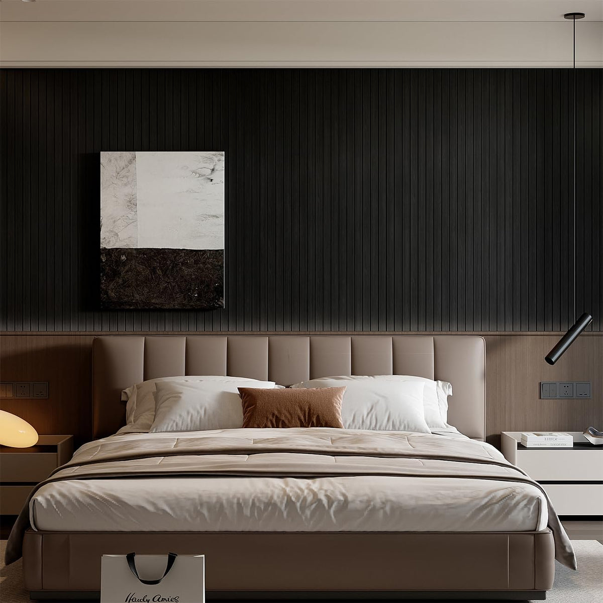 Room with installed YU LI 3DH slat panels creating a modern ceiling accent