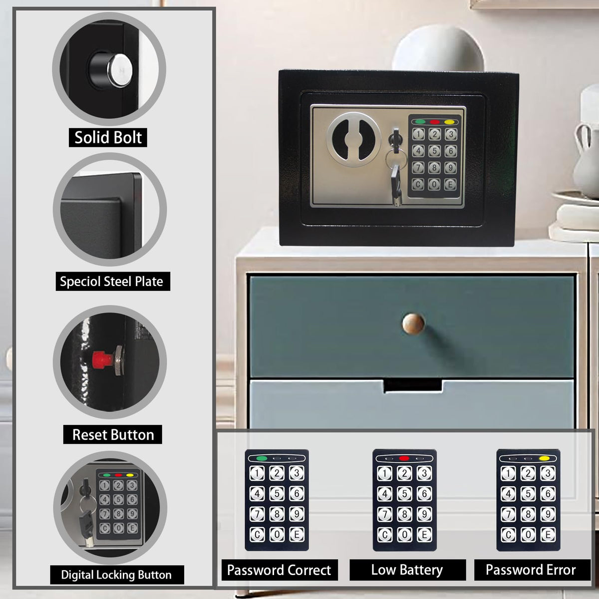Yuanshikj keypad closeup demonstrates quick access with programmable digital lock.