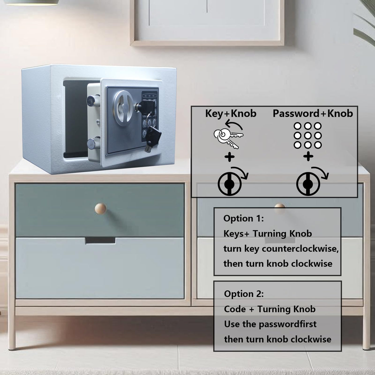 Yuanshikj compact safe interior with dual locking bolts guards small valuables and cash.