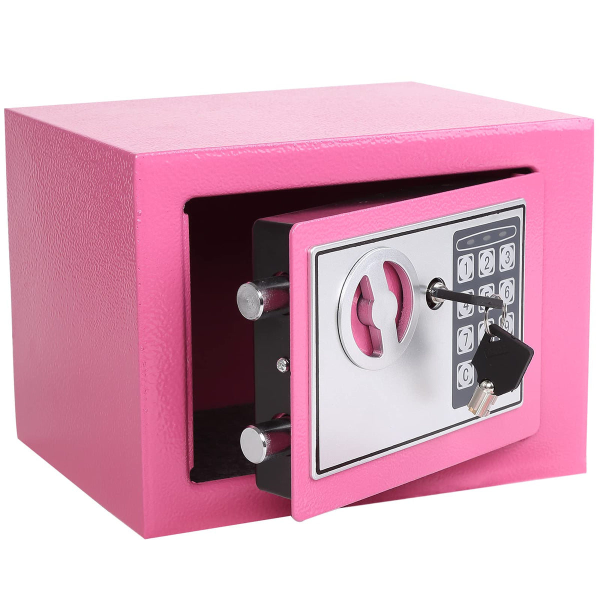 The Yuanshikj safe front view in pink enables secure home storage.