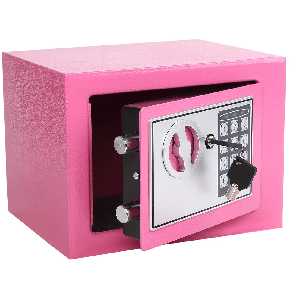 The Yuanshikj safe front view in pink enables secure home storage.