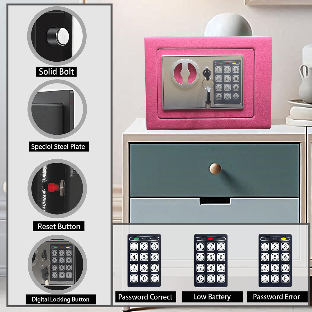Yuanshikj safe keypad digital lock enables quick access.