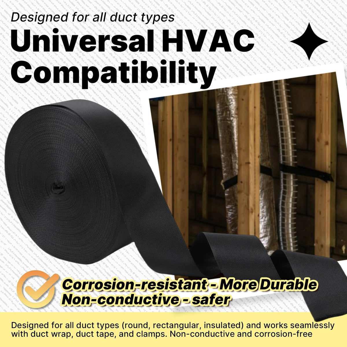 Non-conductive, corrosion-free duct strap for HVAC projects.