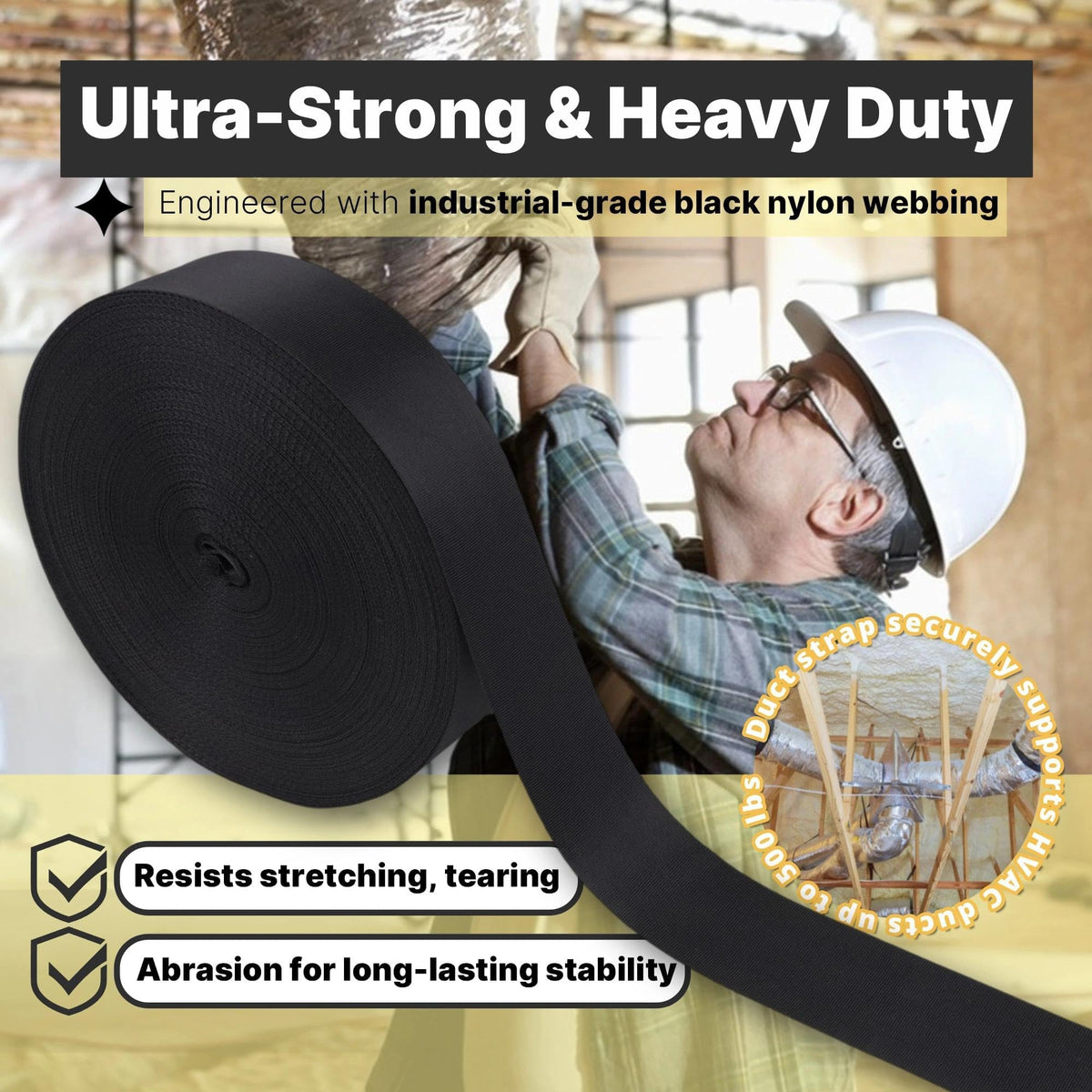 Strap wrapped around a duct for secure, non-metallic fastening.