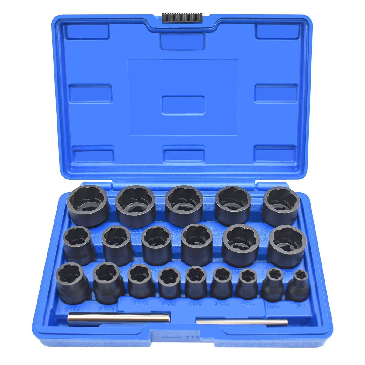 Yuesstloo bolt nut extractor set closeup in chrome molybdenum steel for durable performance.