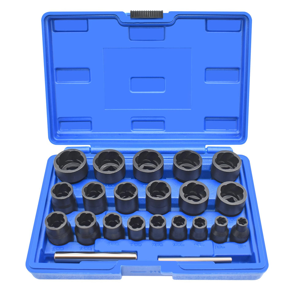 Yuesstloo bolt nut extractor set closeup in chrome molybdenum steel for durable performance.