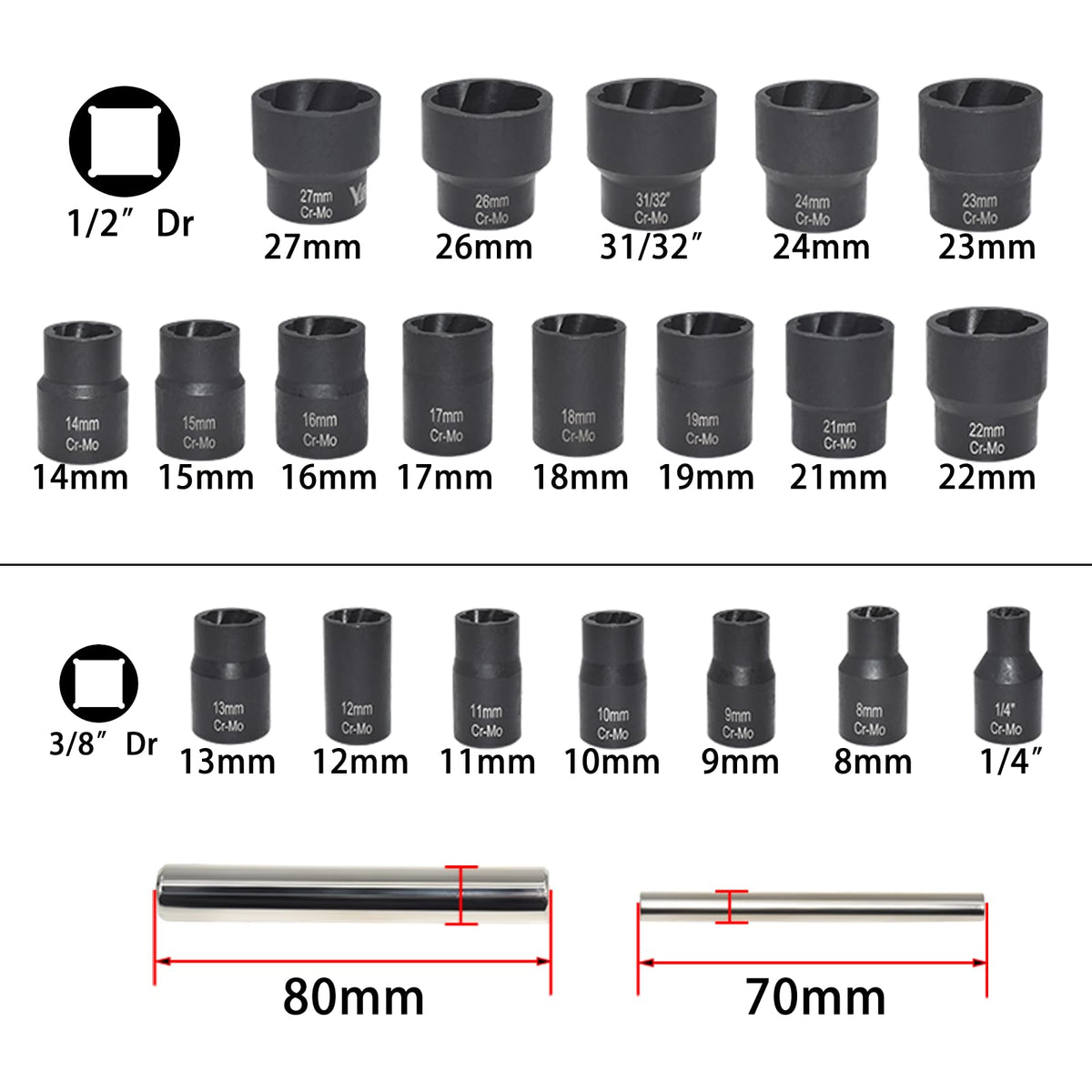 Yuesstloo bolt nut extractor set with 1/2-inch and 3/8-inch drive sizes.
