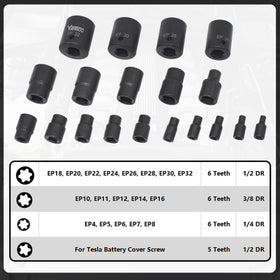 Yuesstloo EP sockets close-up showing range from EP4 to EP32 for versatile fastener access.