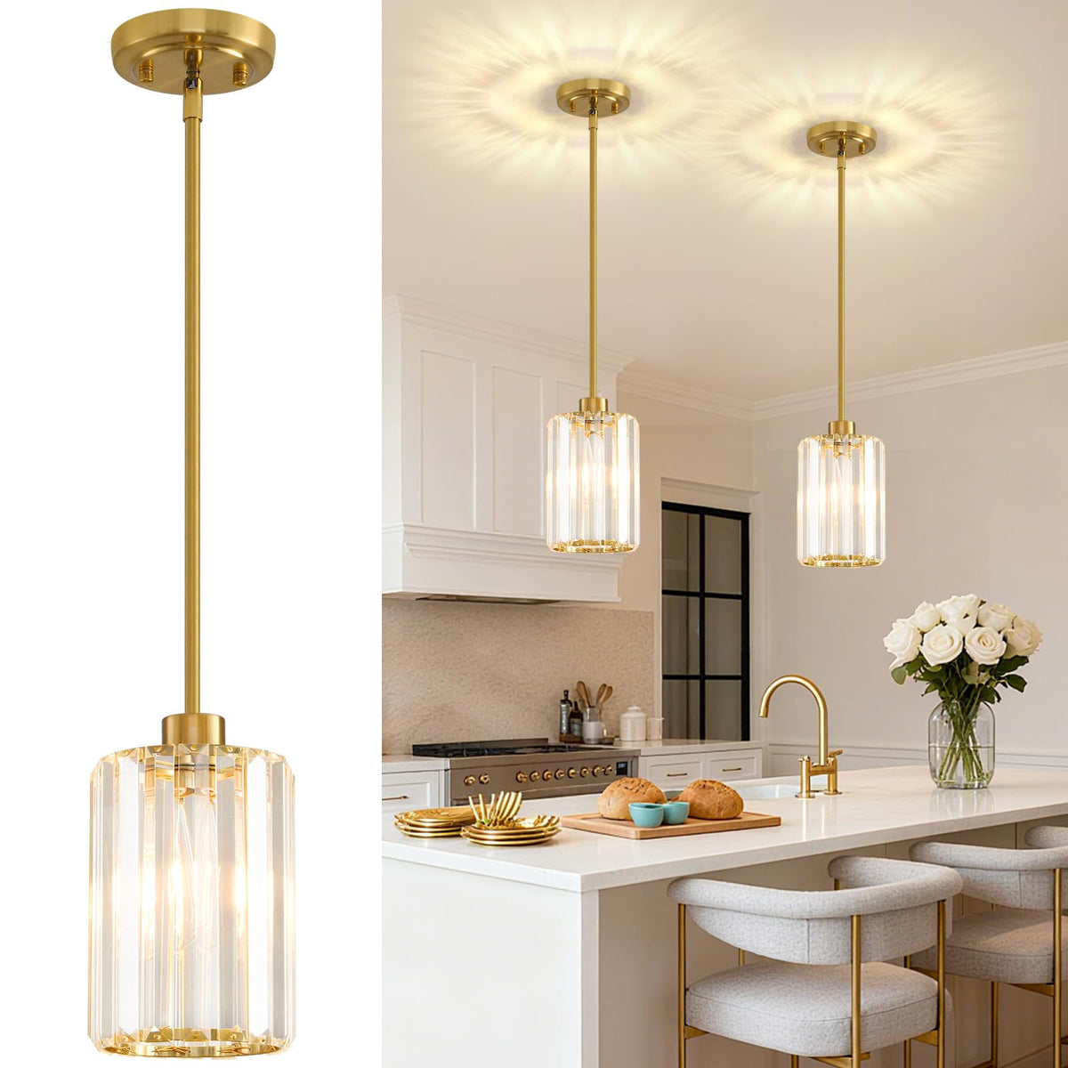 YUEXCDShome 2-pack pendant lights with crystal shade elevate kitchen island ambiance.