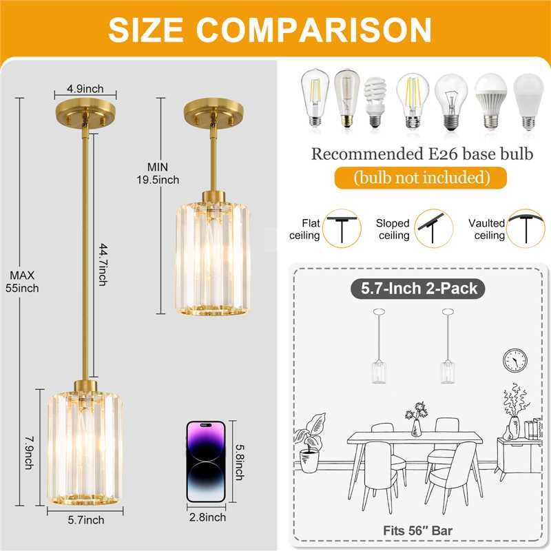 YUEXCDShome E26-compatible pendant light suitable for LED or filament bulbs.