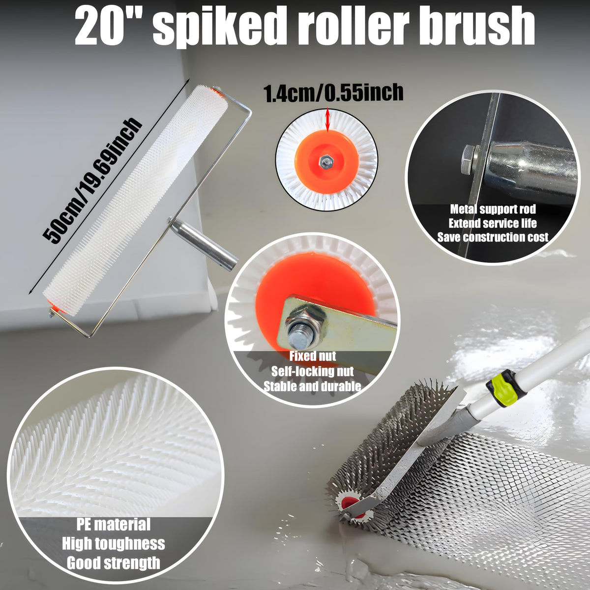 YUHSYWL spiked roller 20-inch demonstrates air-bubble reduction for smoother epoxy floors