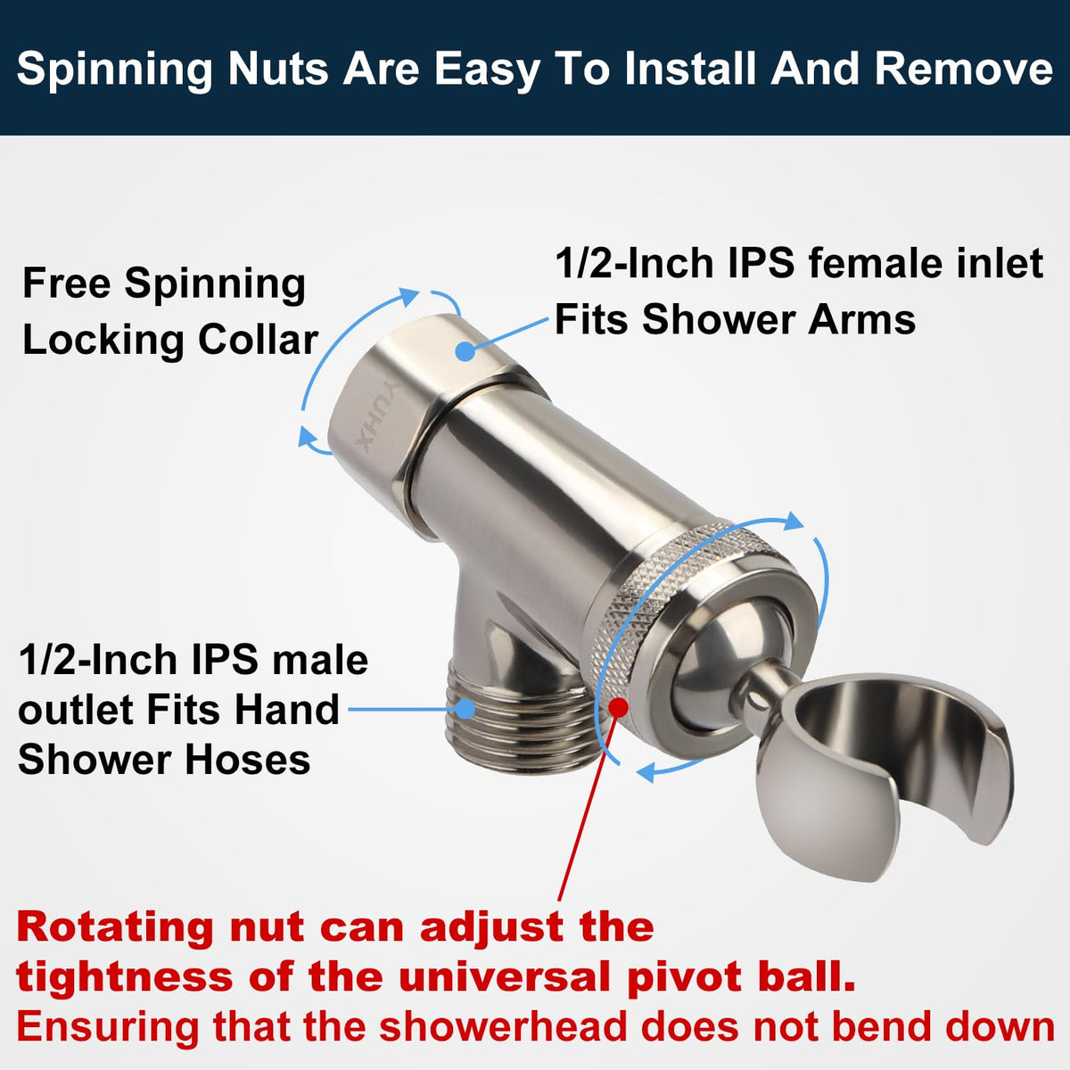 YUHX adjustable shower head angle with full rotation for comfortable use.