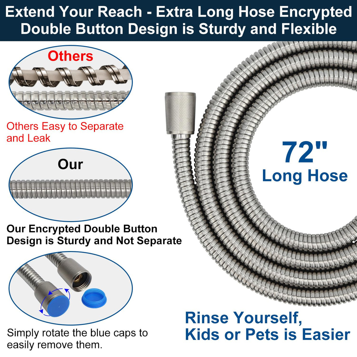 YUHX 72-inch hose extends reach for easier rinsing of hair, kids, or pets.