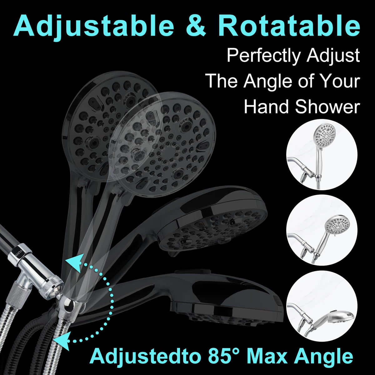 YUHX universal pivot ball tilts up to 85 degrees for ideal spray angle