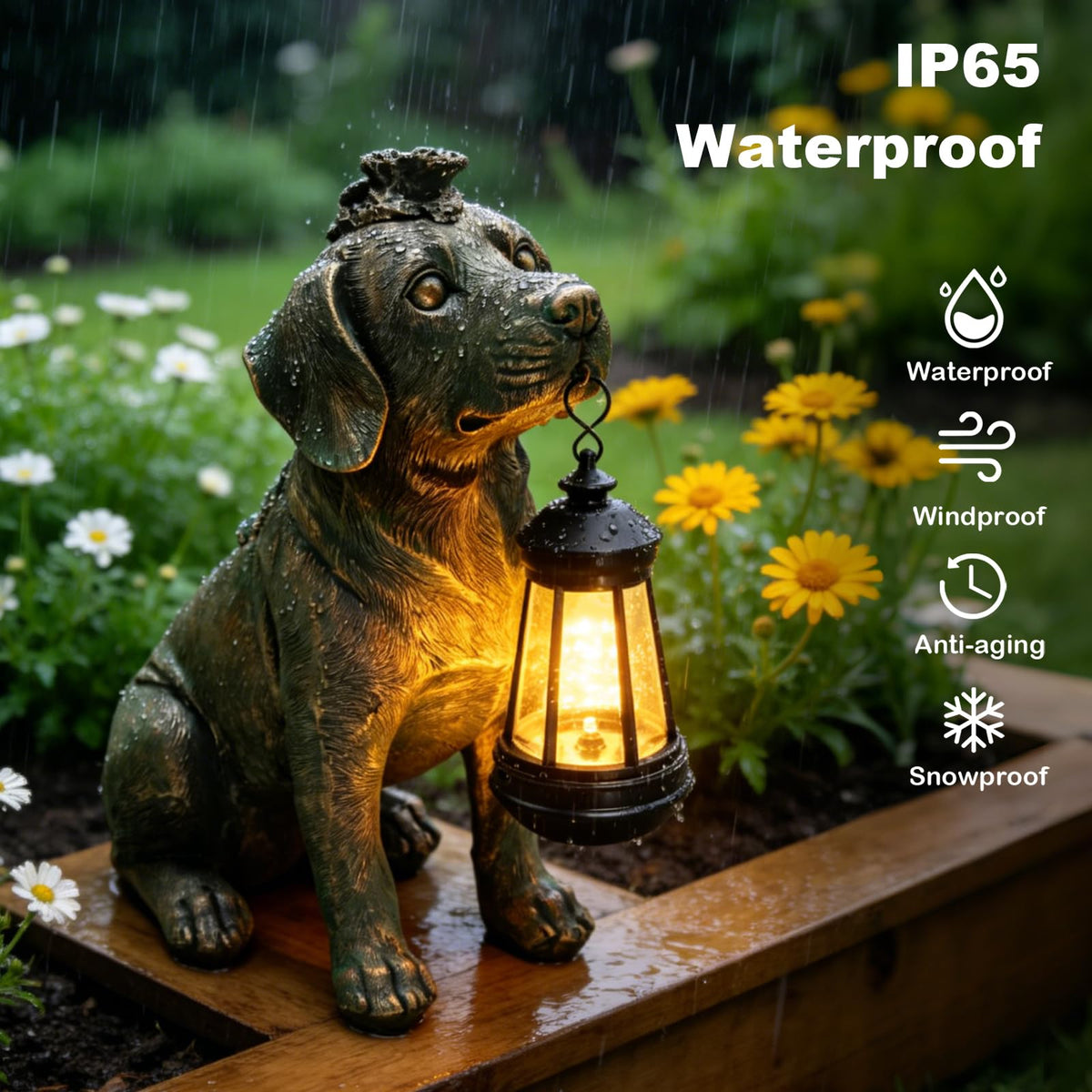 Yulloyello bronze-toned labrador garden statue for year-round use.