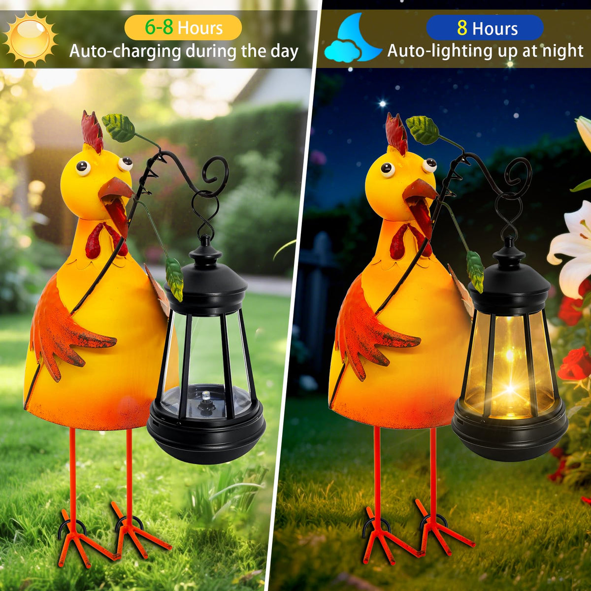 Yulloyello chicken solar-lantern art provides warm ambiance without wiring.