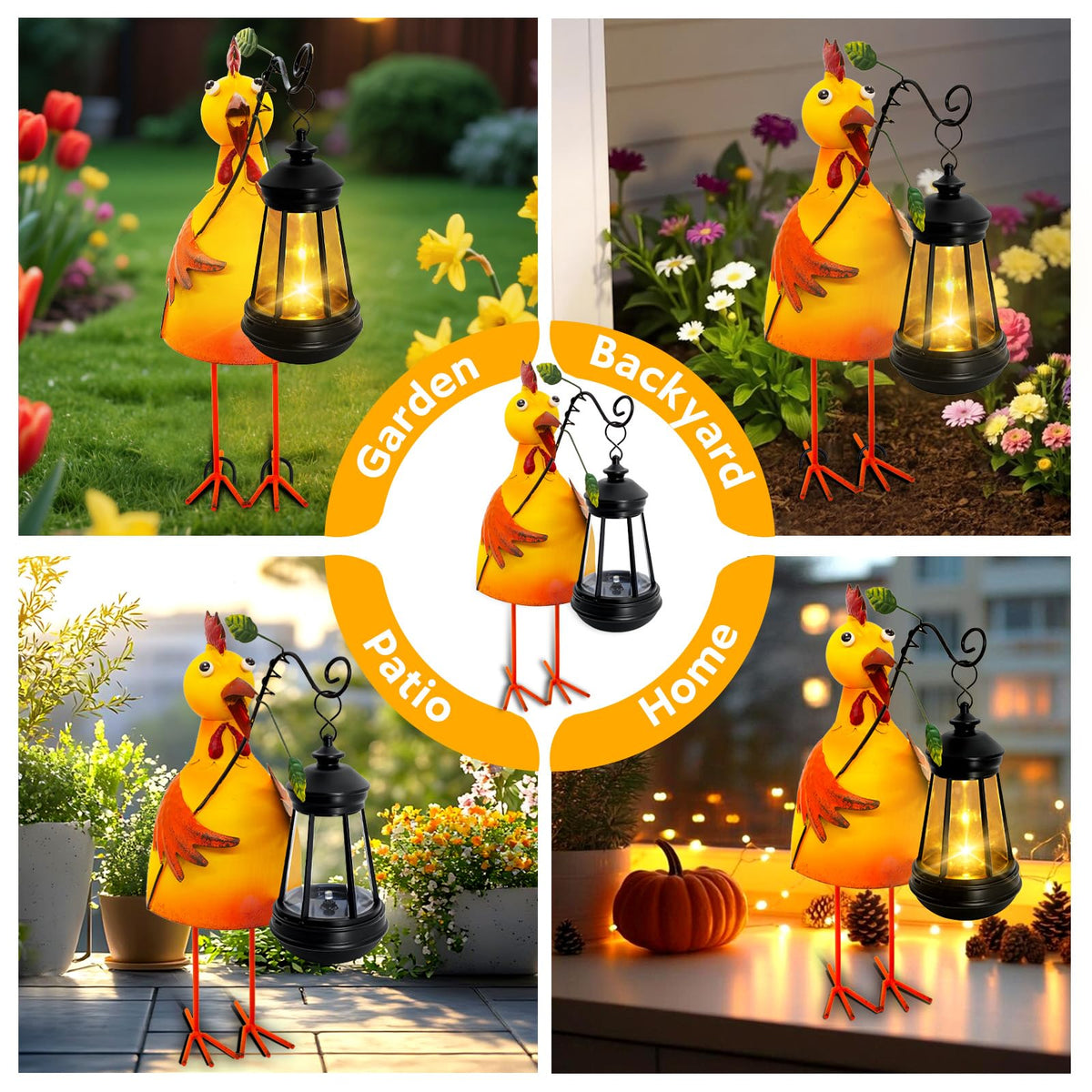Yulloyello front porch chicken statue adds charm and safe night lighting.