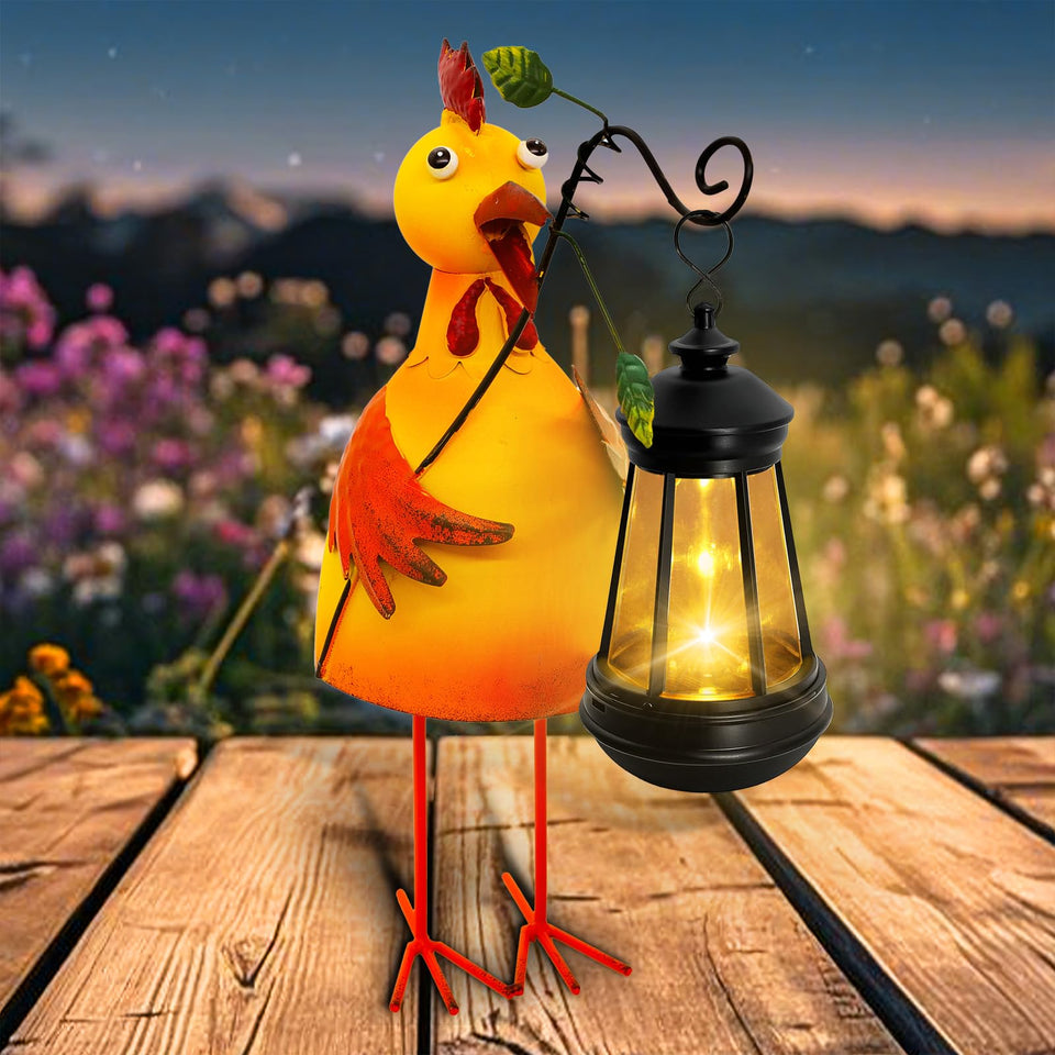 Yulloyello garden chicken solar statue with vibrant colors lighting evenings.
