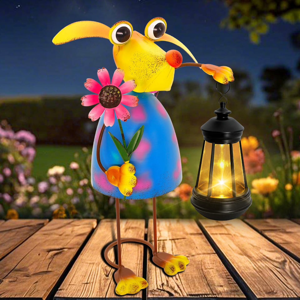 Yulloyello garden dog lantern statue lighting an outdoor evening space.