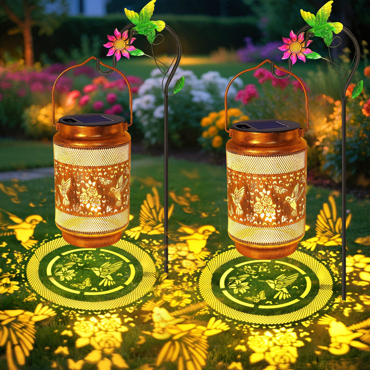 yulloyello hummingbird lantern on a wall or hook casting warm bronze glow.
