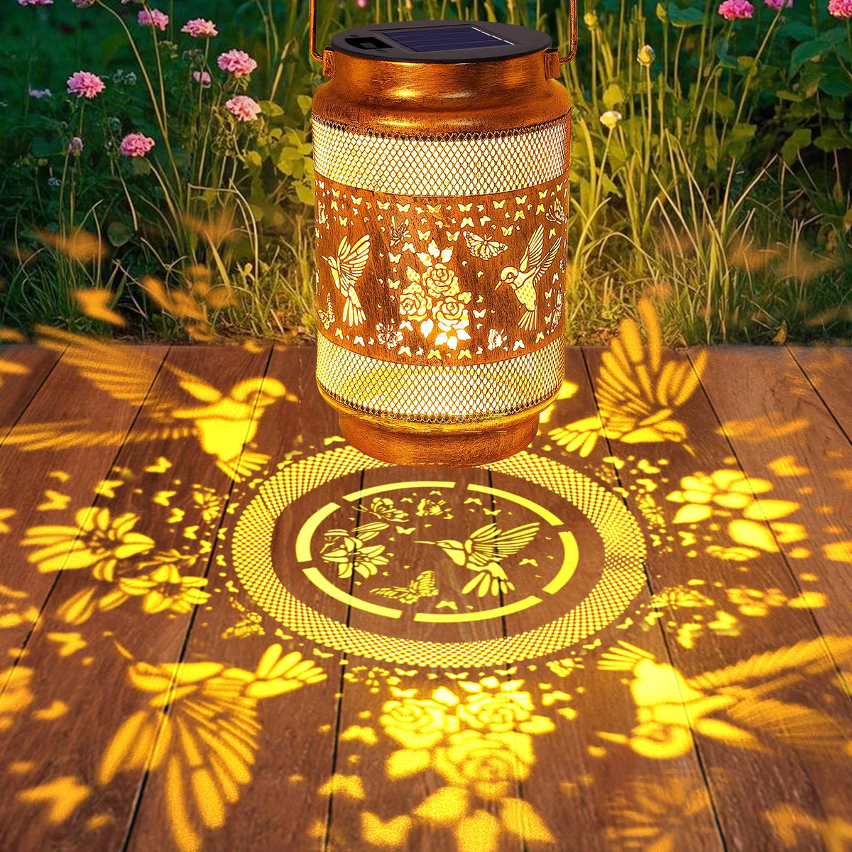 Yulloyello hummingbird lantern lights up at night for inviting ambience.