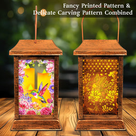 Yulloyello hummingbird solar lantern side pattern highlights intricate metalwork at dusk.