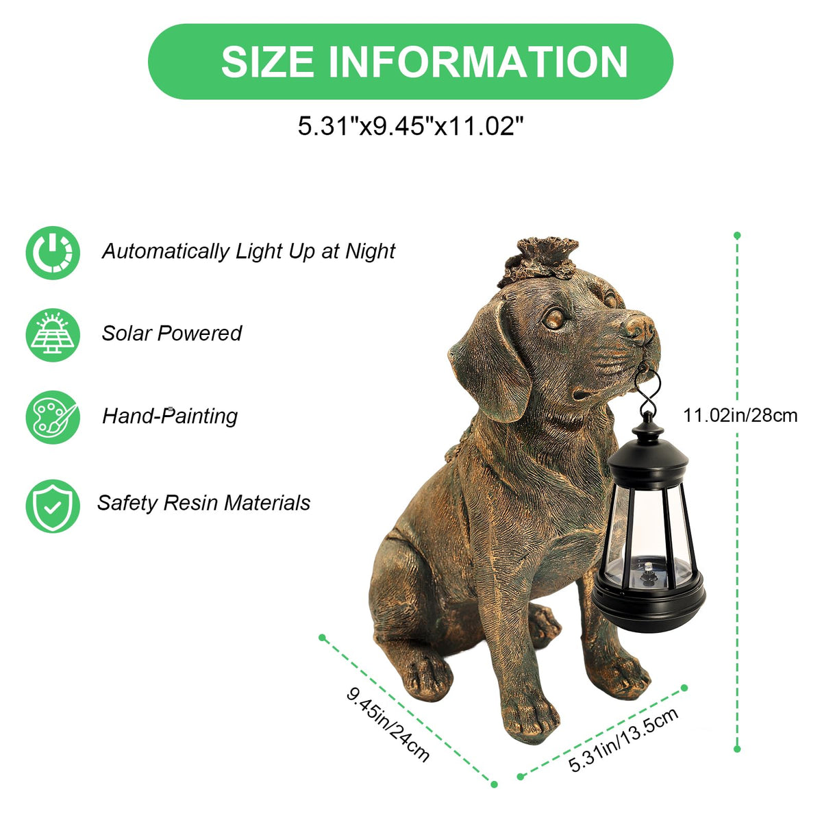 Yulloyello Labrador garden statue visible in sunlight for outdoor appeal.