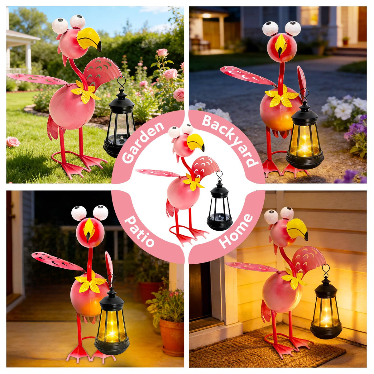 Yulloyello metal-garden-flamingo-sculpture withstands weather while remaining vibrant.