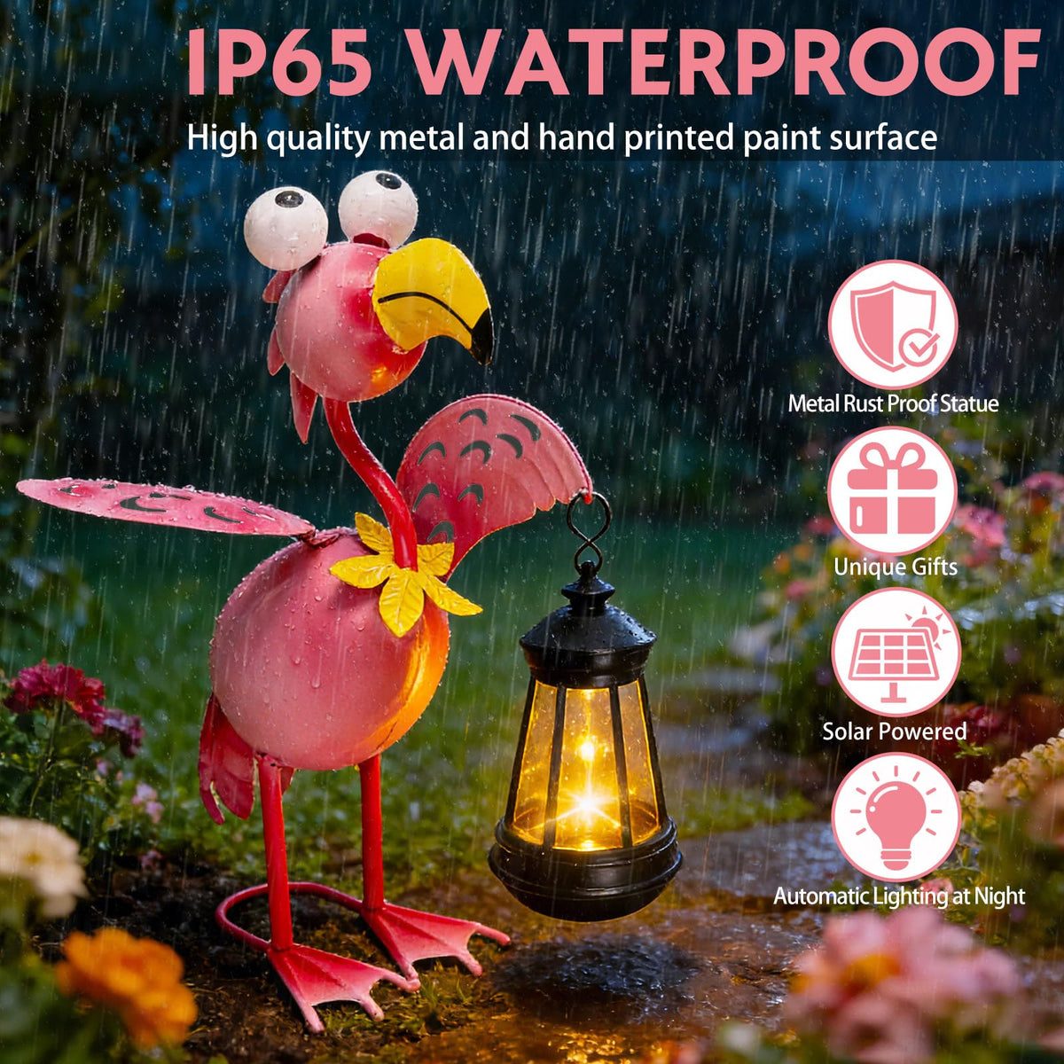 Yulloyello night-light-flamingo-figure provides guiding glow along walkways.