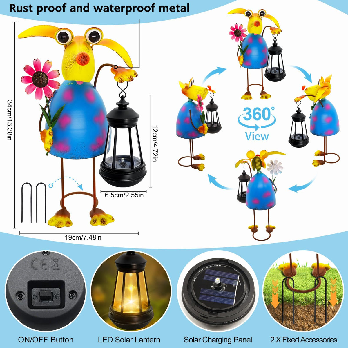 Yulloyello outdoor dog figurine shows weatherproof metal construction.