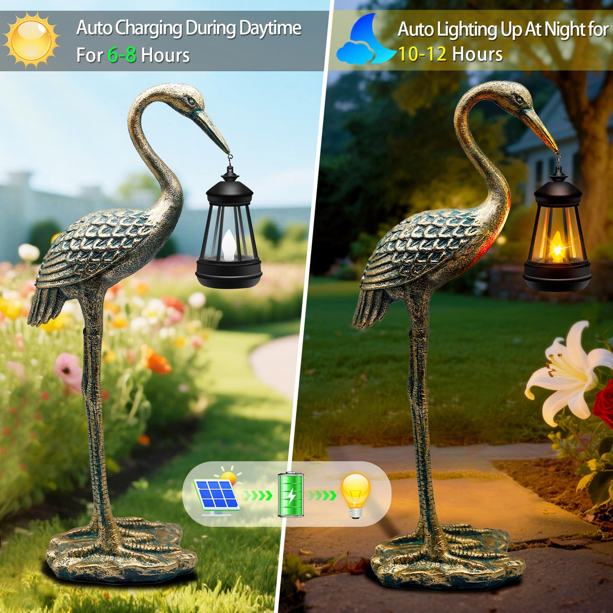 yulloyello crane lantern hangs outdoors to illuminate pathways and patios.
