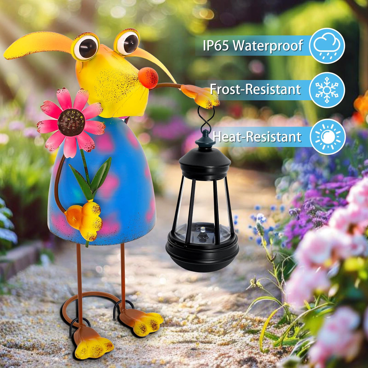 Yulloyello waterproof metal dog statue withstands rain and snow.