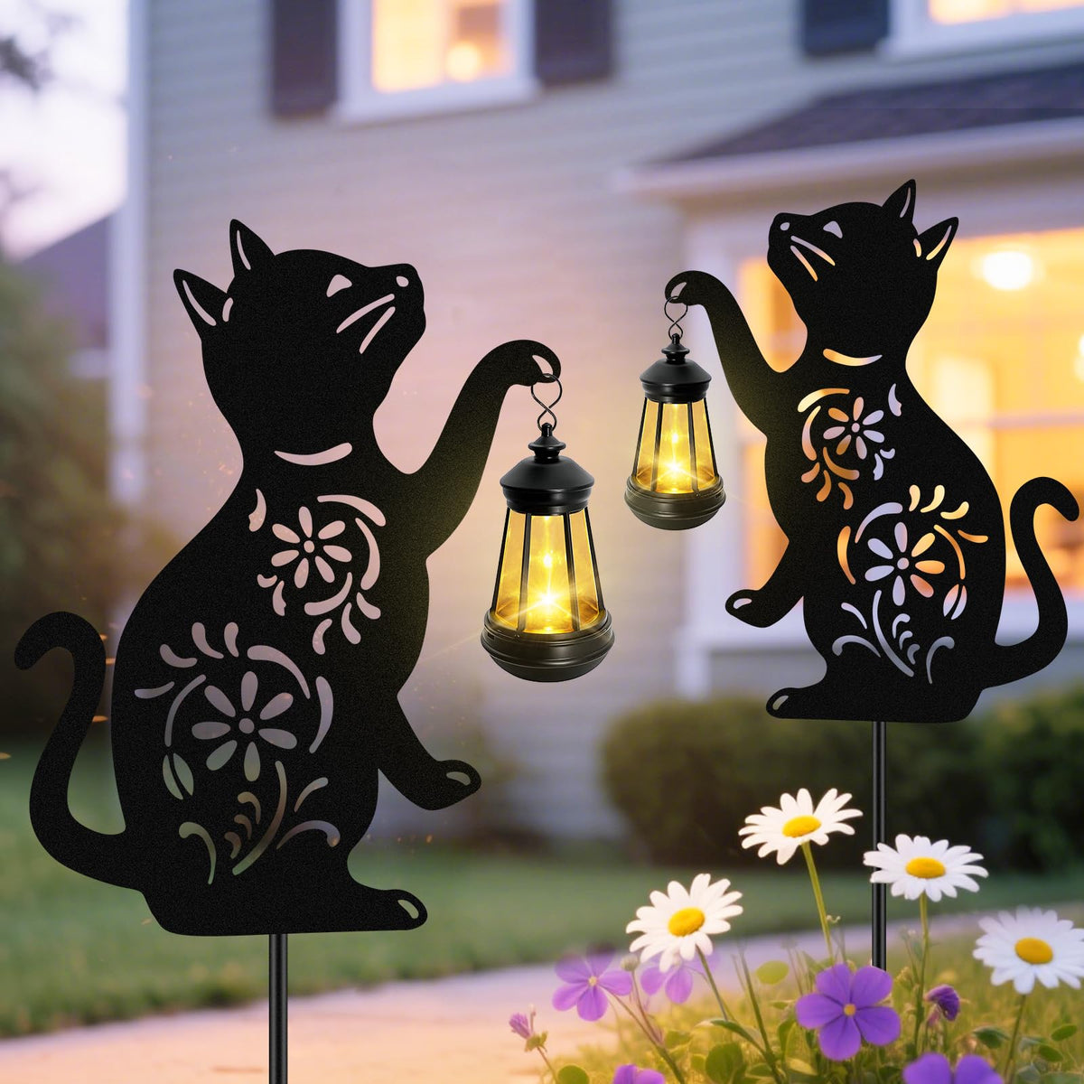 Yulloyello solar cat hanging lantern glows at dusk for cozy patios.