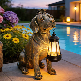 Yulloyello solar dog statue with lantern, 11-inch outdoor decor for porch and garden.