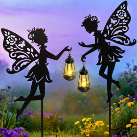 Yulloyello solar fairy garden statue front view glowing warmly for evenings.