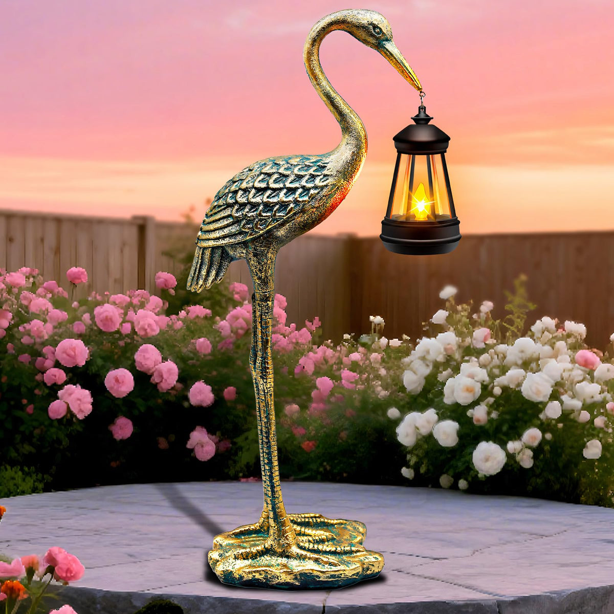yulloyello solar garden crane figurine glowing at dusk for outdoor ambiance.
