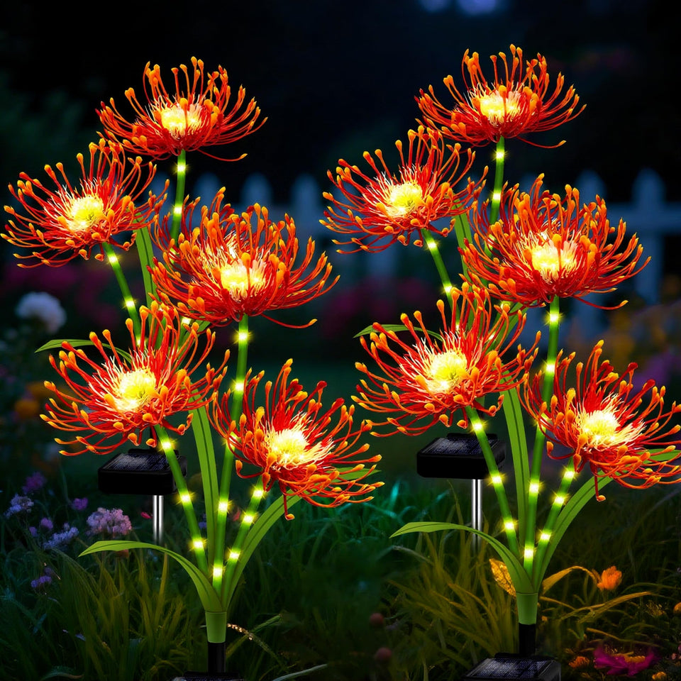 Yulloyello solar garden flower with three heads glowing softly at night.