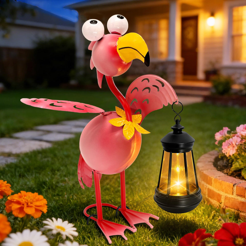 Yulloyello solar garden lights flamingo statue casts warm glow for welcoming evenings.