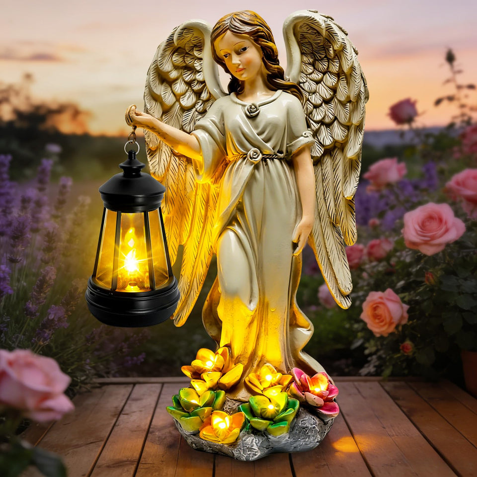 Yulloyello solar garden angel statue with glow at dusk for cozy outdoor spaces
