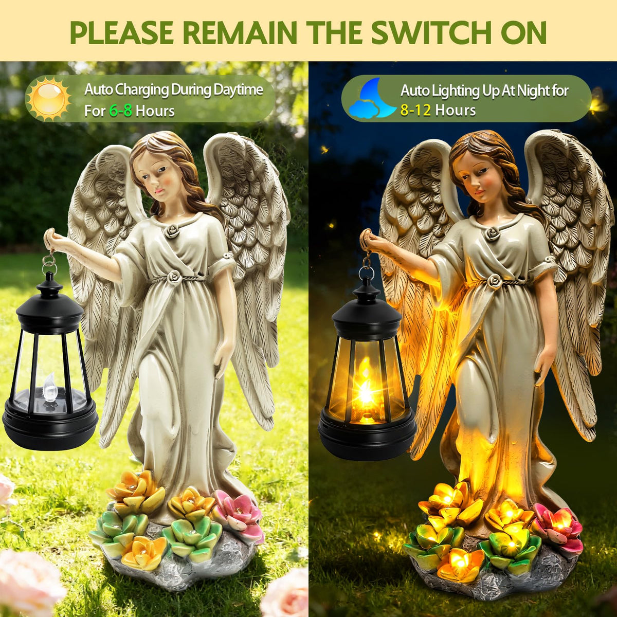 Solar panel charging the Yulloyello garden angel for night lighting