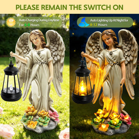 Solar panel charging the Yulloyello garden angel for night lighting