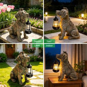 Yulloyello solar powered garden decor dog lighting in daytime and night.
