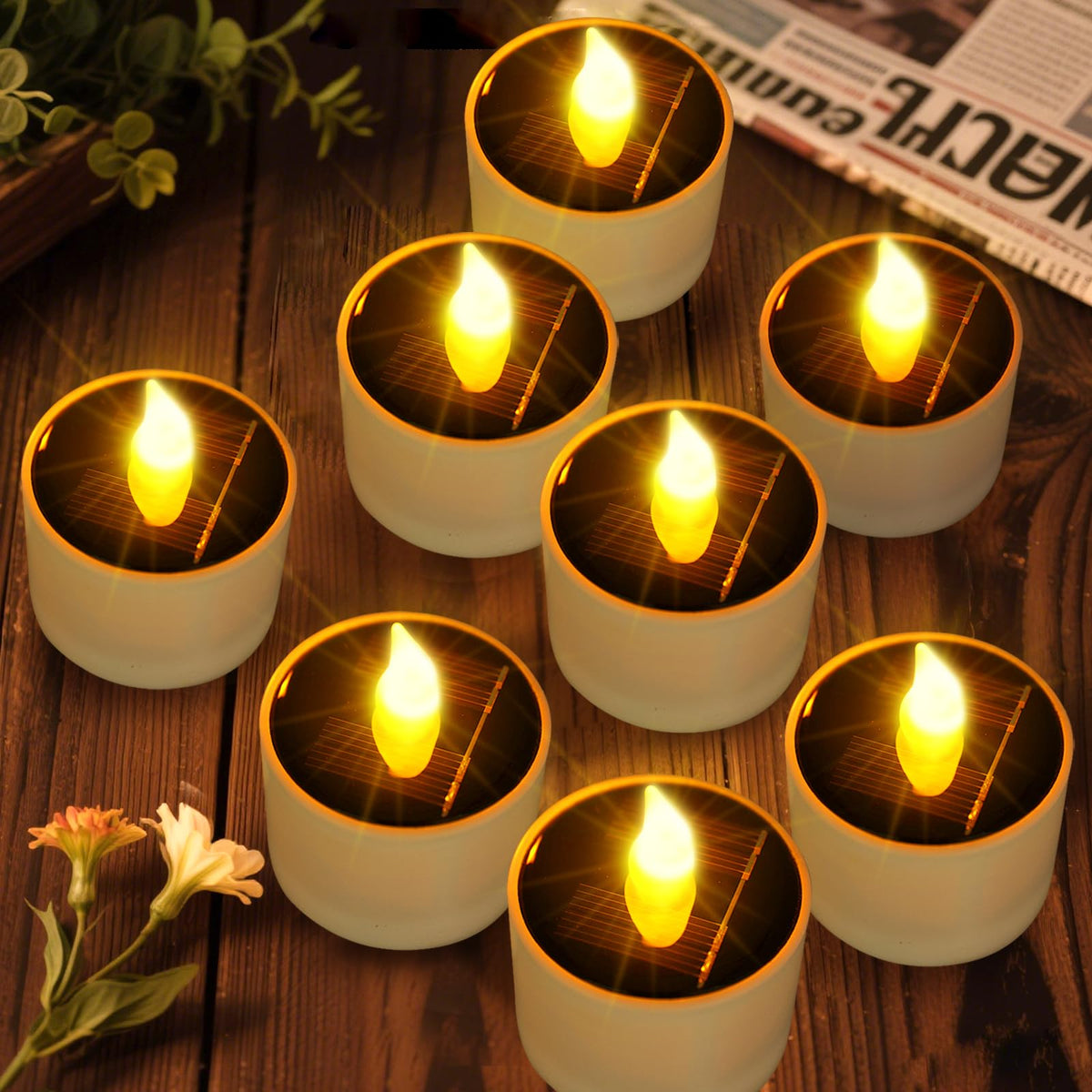 Yulloyello solar tea lights on patio at dusk provide cozy ambient glow