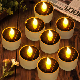 Yulloyello solar tea lights on patio at dusk provide cozy ambient glow