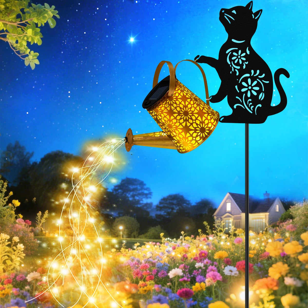Yulloyello solar watering can lights cat-hanging-lantern outdoors offer a warm garden ambiance.