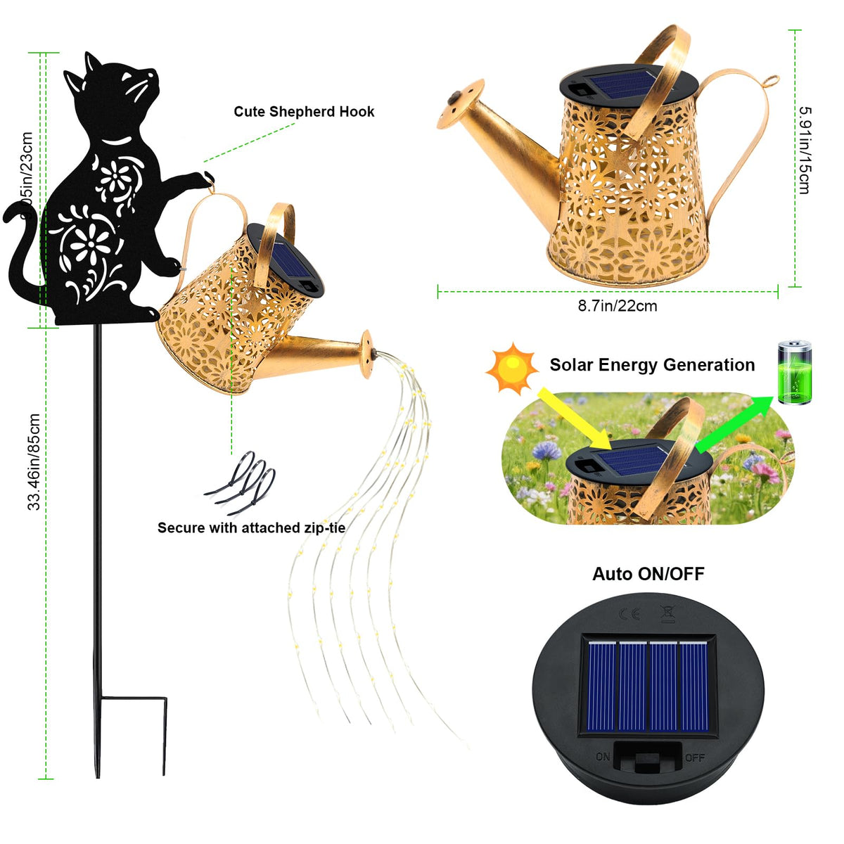 Yulloyello solar watering can lights copper-gold veneer enhances festive outdoor scenes.