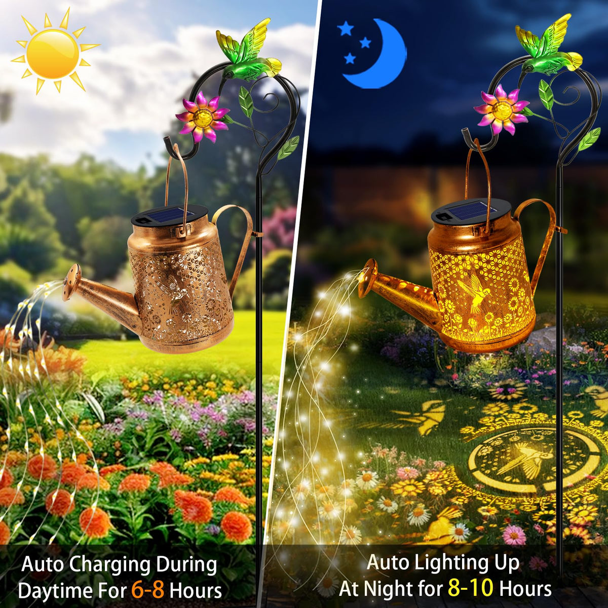 Yulloyello solar watering can lights with gold copper finish brighten outdoor spaces.