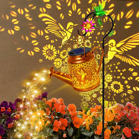 Yulloyello solar watering can lights with hanging hummingbird lantern for garden charm.